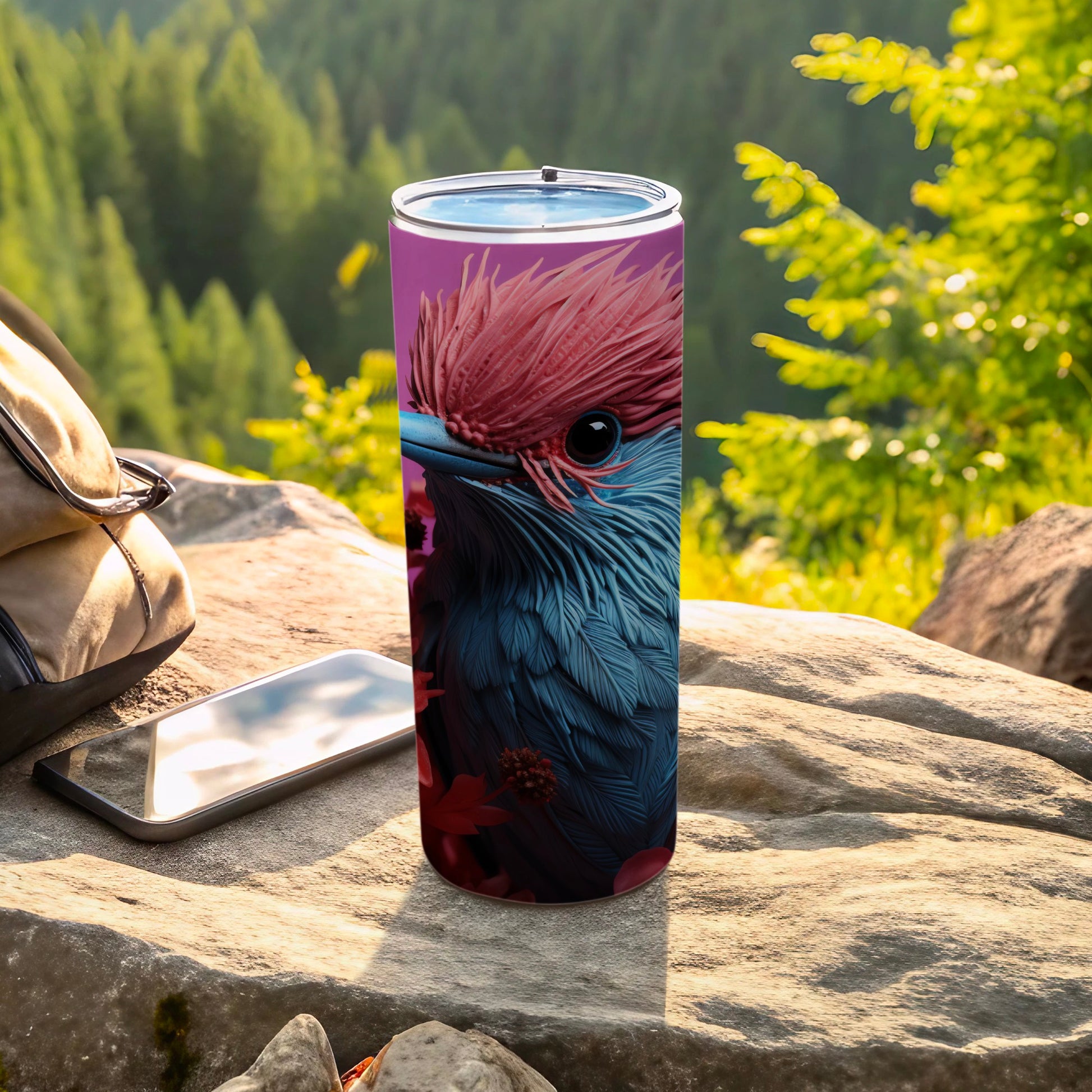 Vibrant Pink Blue Feathered Bird Art Slim Tumbler product type