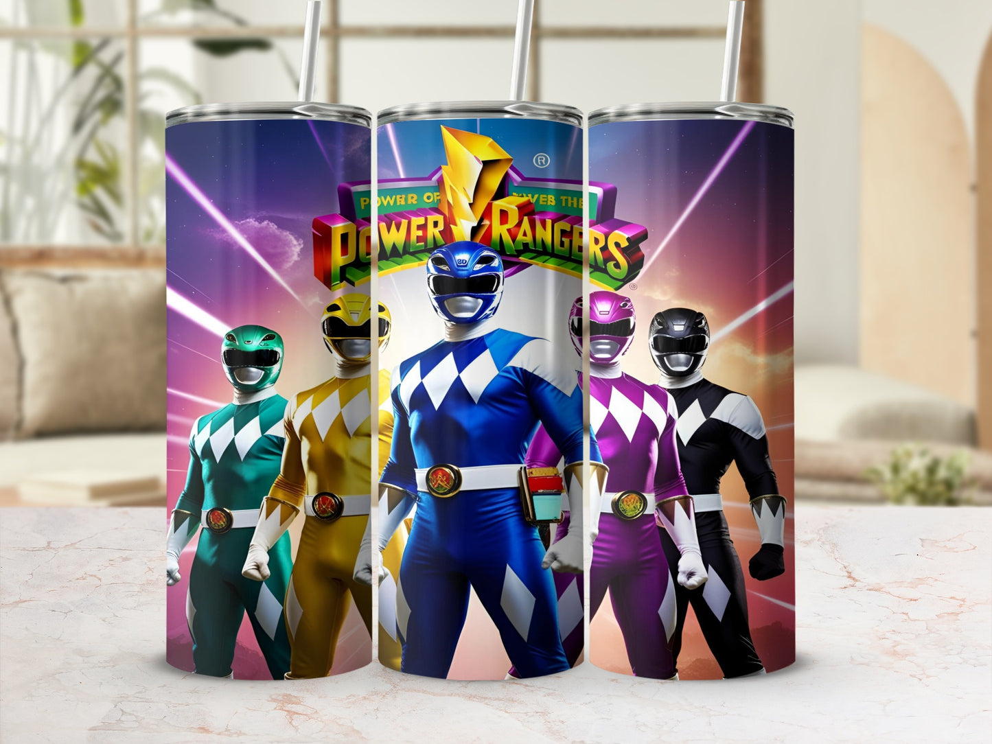 Power Rangers standing in front of a colorful bolt of lightning.