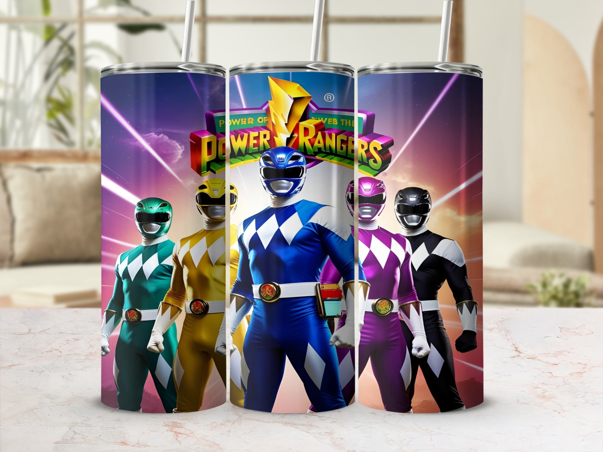 Power Rangers standing in front of a colorful bolt of lightning.