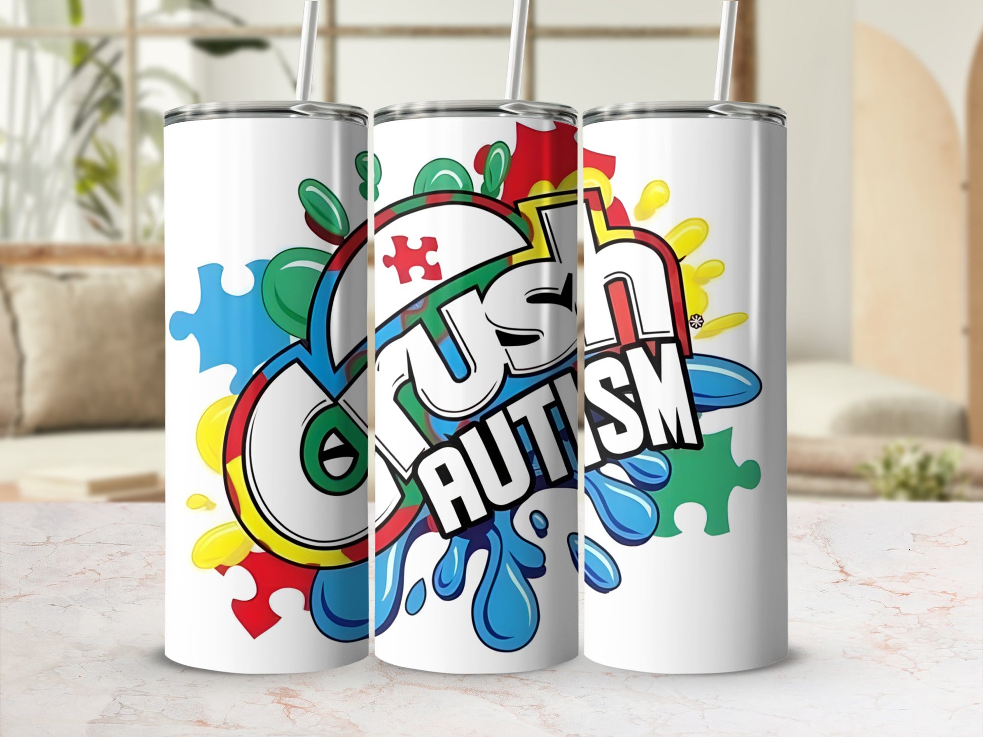 Tumbler with "Crush Autism" text and colorful puzzle pieces.