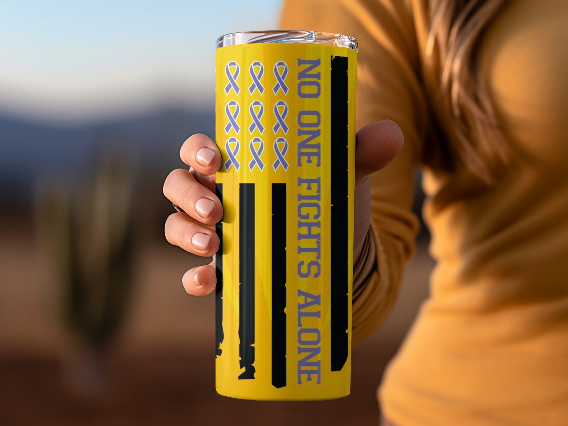 No One Fights Alone Yellow Ribbon Support Tumbler