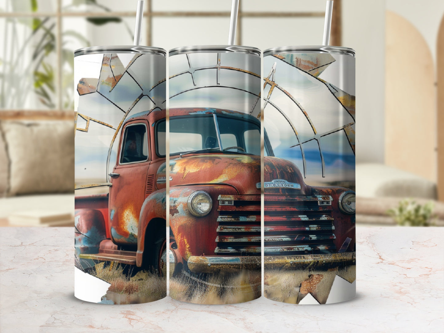 Rusty vintage truck with weathered grill in a dry landscape.