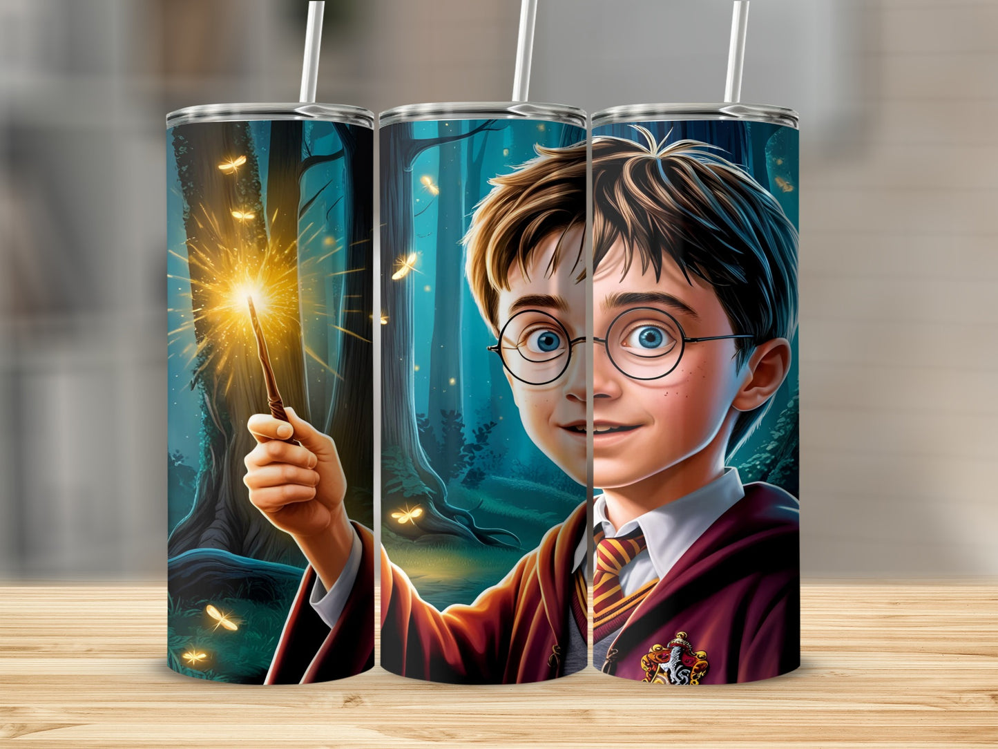 Harry Potter with wand, magical glow, and forest background.