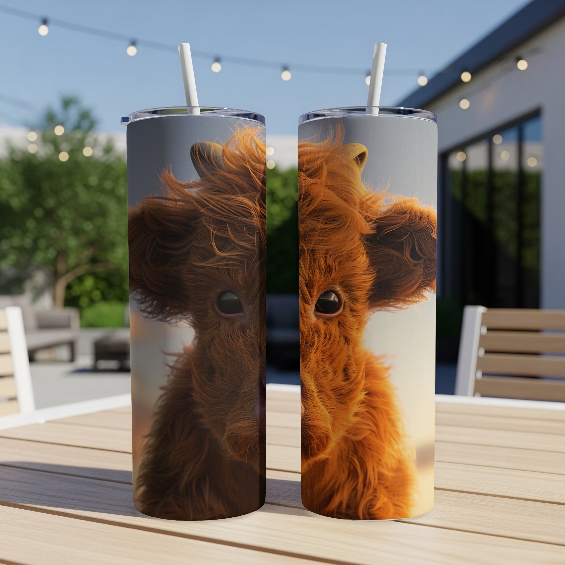 Two tumblers with a close-up fuzzy cow face design.