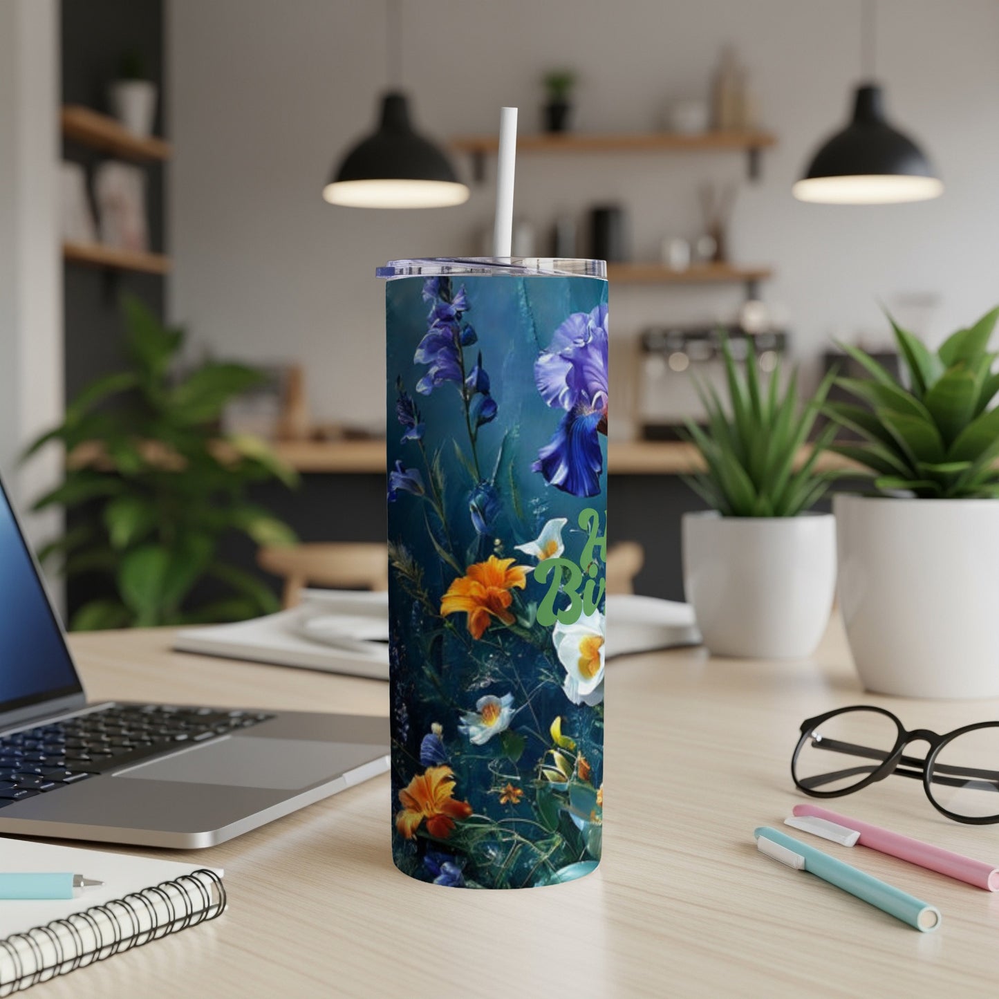 Tall tumbler with vibrant floral design and "Baby" text.