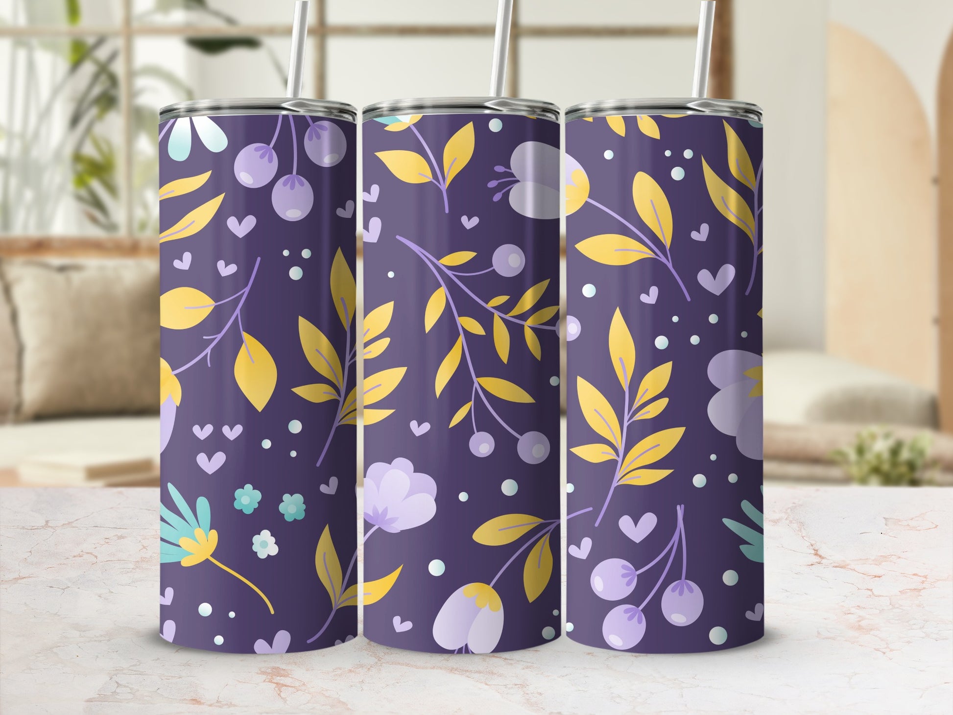 Vibrant Purple Floral and Hearts Design Tall Tumbler