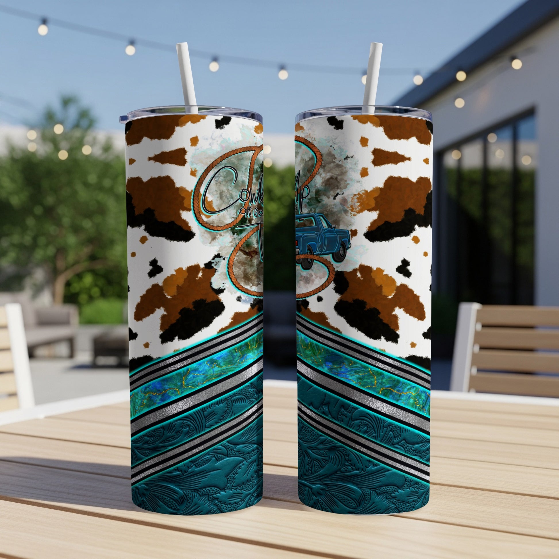Cowboy boots and truck design on two blue and teal patterned tumblers.