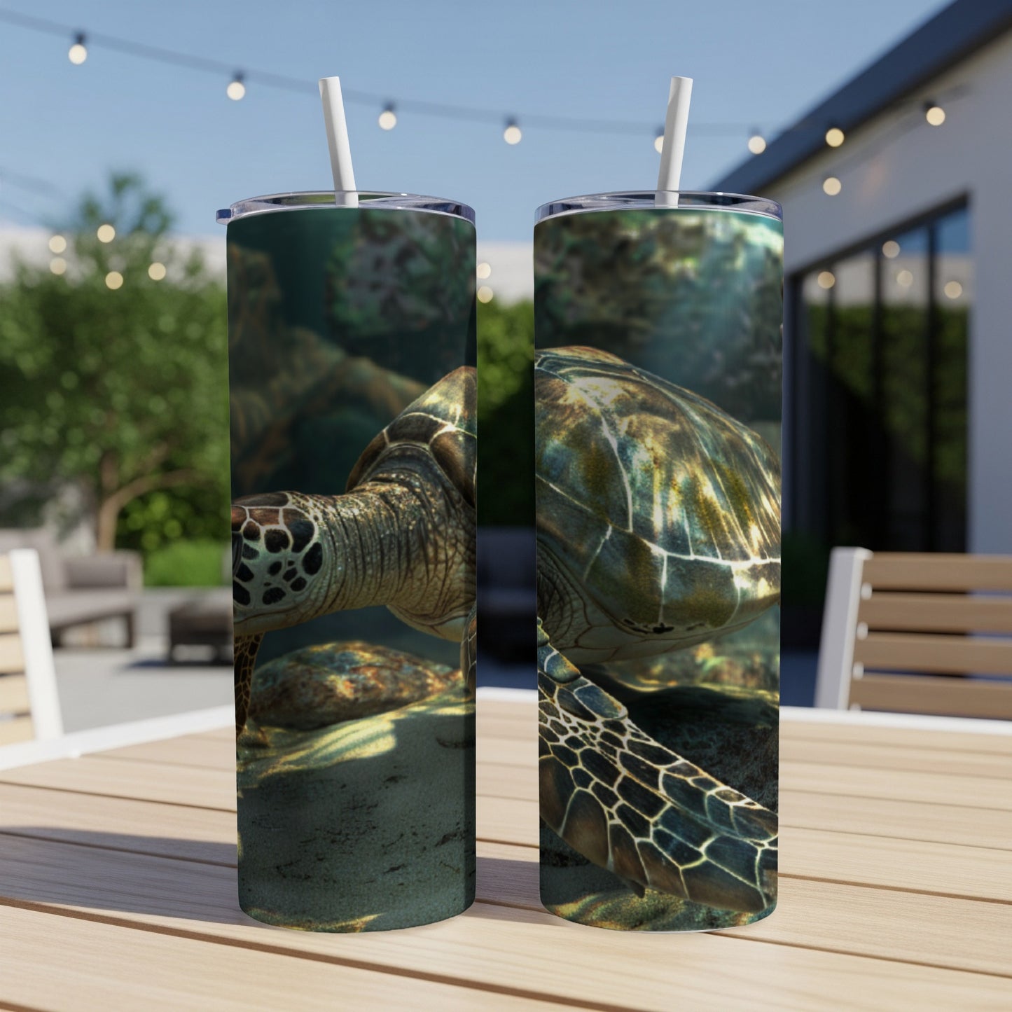 Sea turtle swimming underwater on a double-walled insulated tumbler.