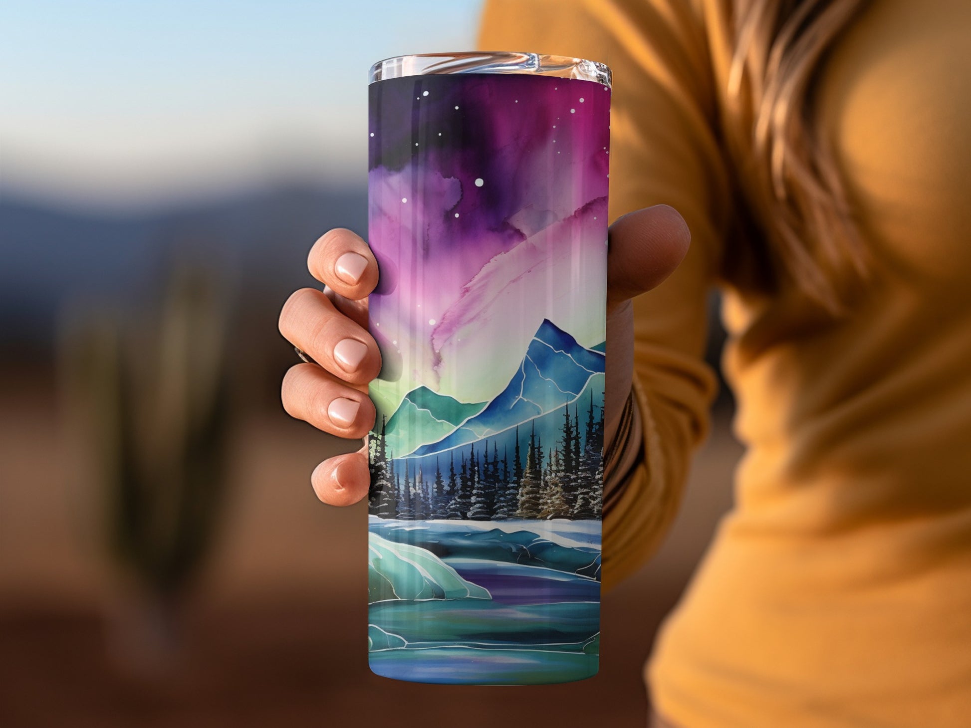 Northern Lights Mountain Landscape Travel Tumbler