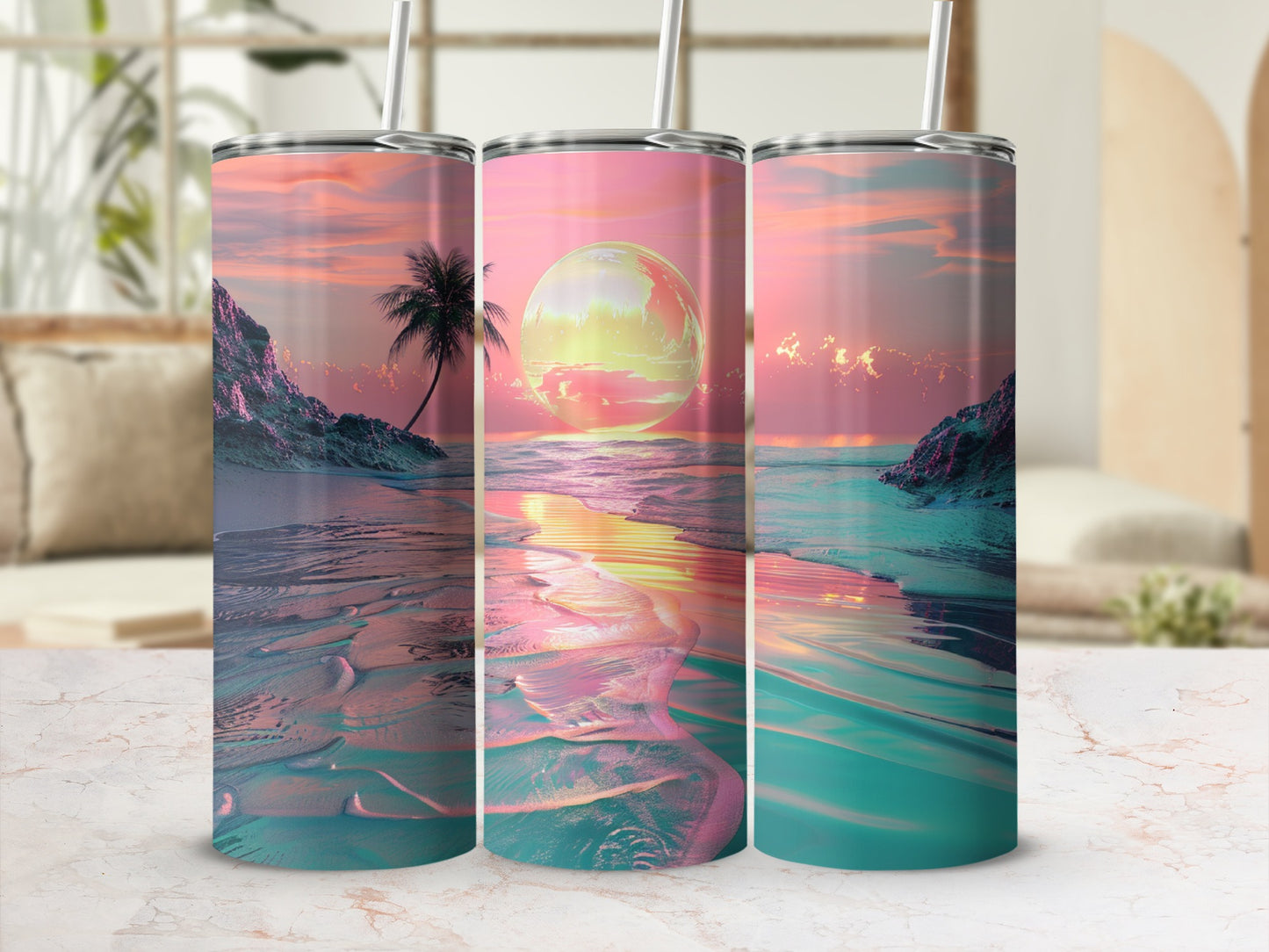 Tumbler with sunset beach scene featuring palm trees and ocean waves.