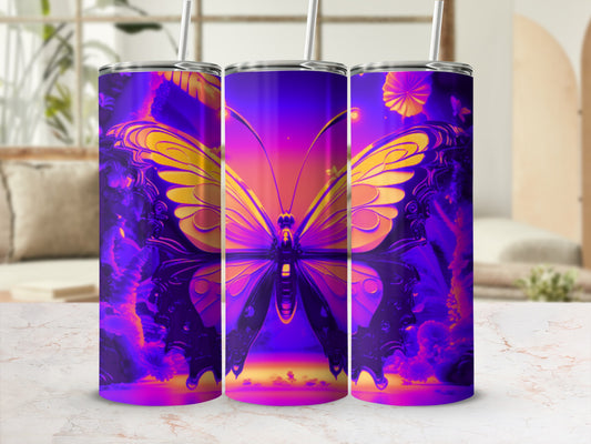 Purple and gold butterfly design on a triptych of tumblers.