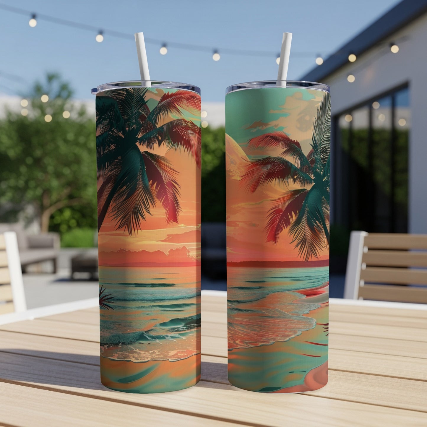Two skinny tumblers with a vibrant sunset beach scene design.