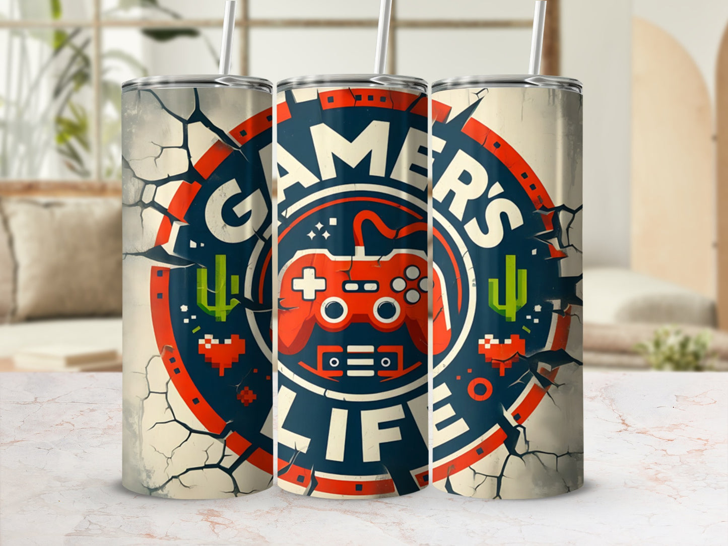 Gamer's Life tumbler with controller, cactus, and cracked texture.