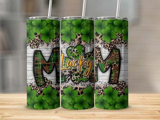 Lucky Mom tumbler with shamrocks, camouflage, and leopard print.