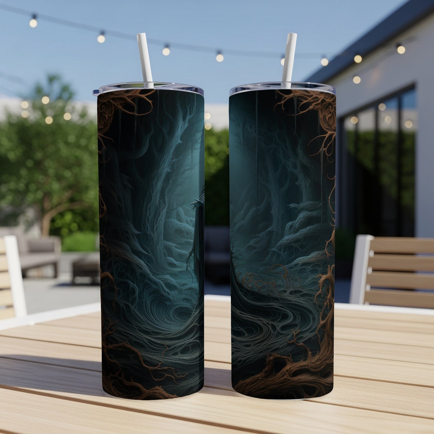 Two tumblers with an abstract dark forest design and white straws.