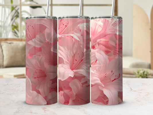 Three tumblers with a close-up pink floral pattern.