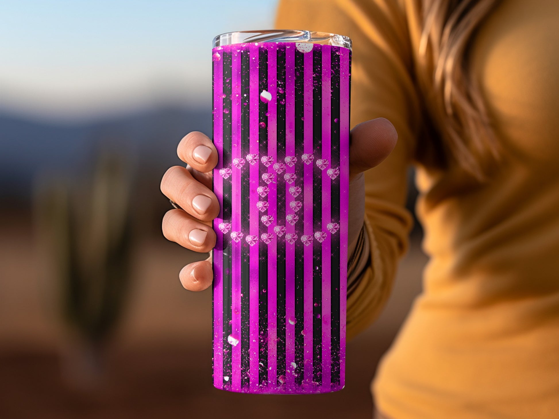 Pink Striped Glitter Tumbler with Hearts Design