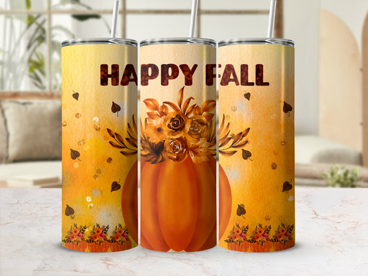 Orange pumpkin tumbler with "Happy Fall" text and floral accents.