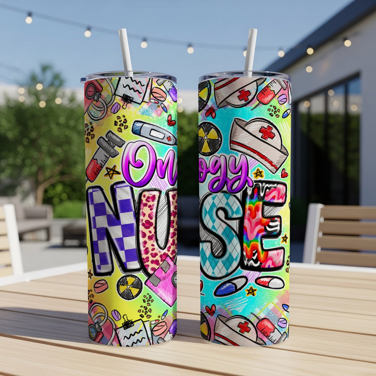 Two tumblers with "Oncology Nurse" text and medical-themed graphics.