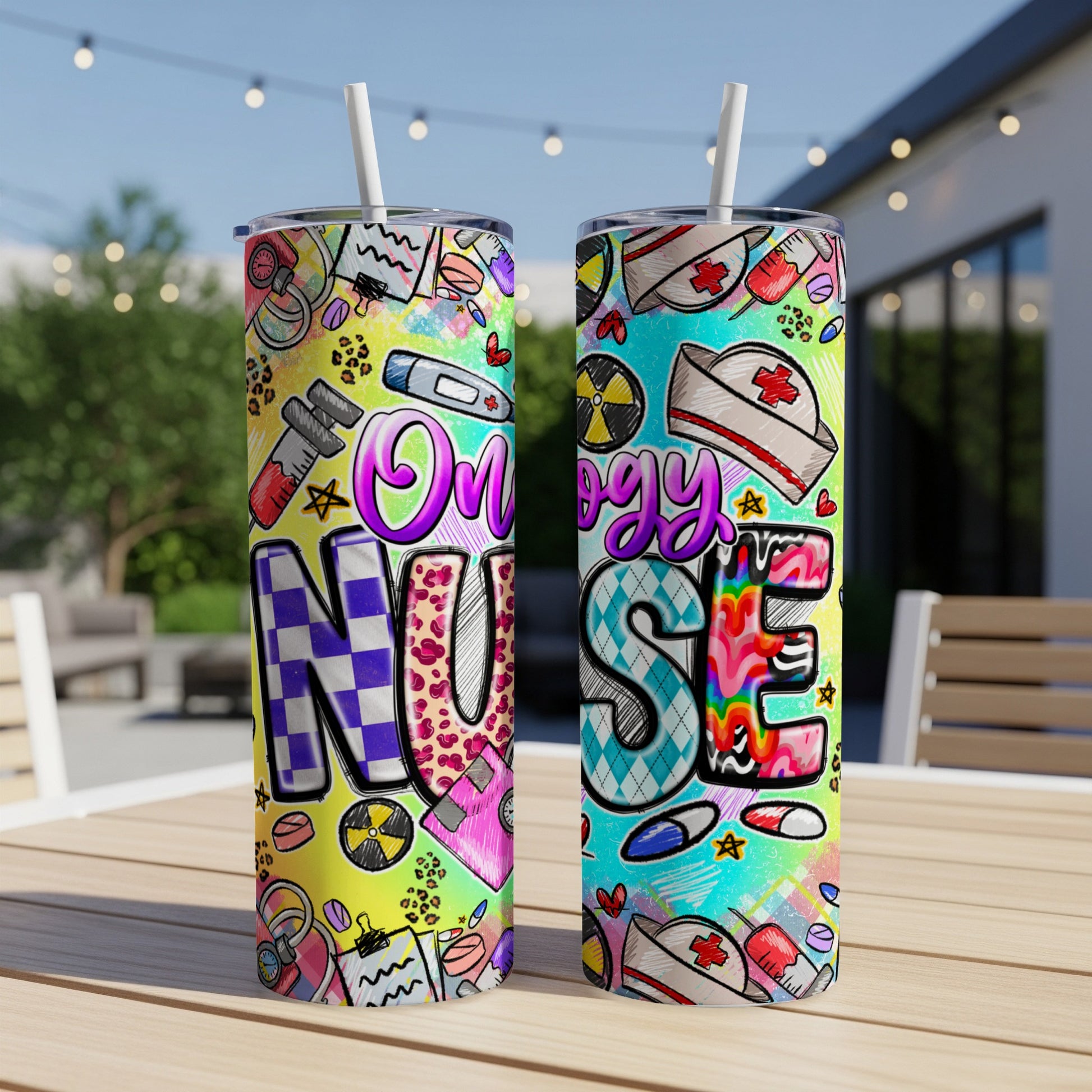 Two tumblers with "Oncology Nurse" text and medical-themed graphics.