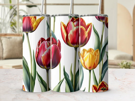 Three tumblers with a red and yellow tulip floral pattern.