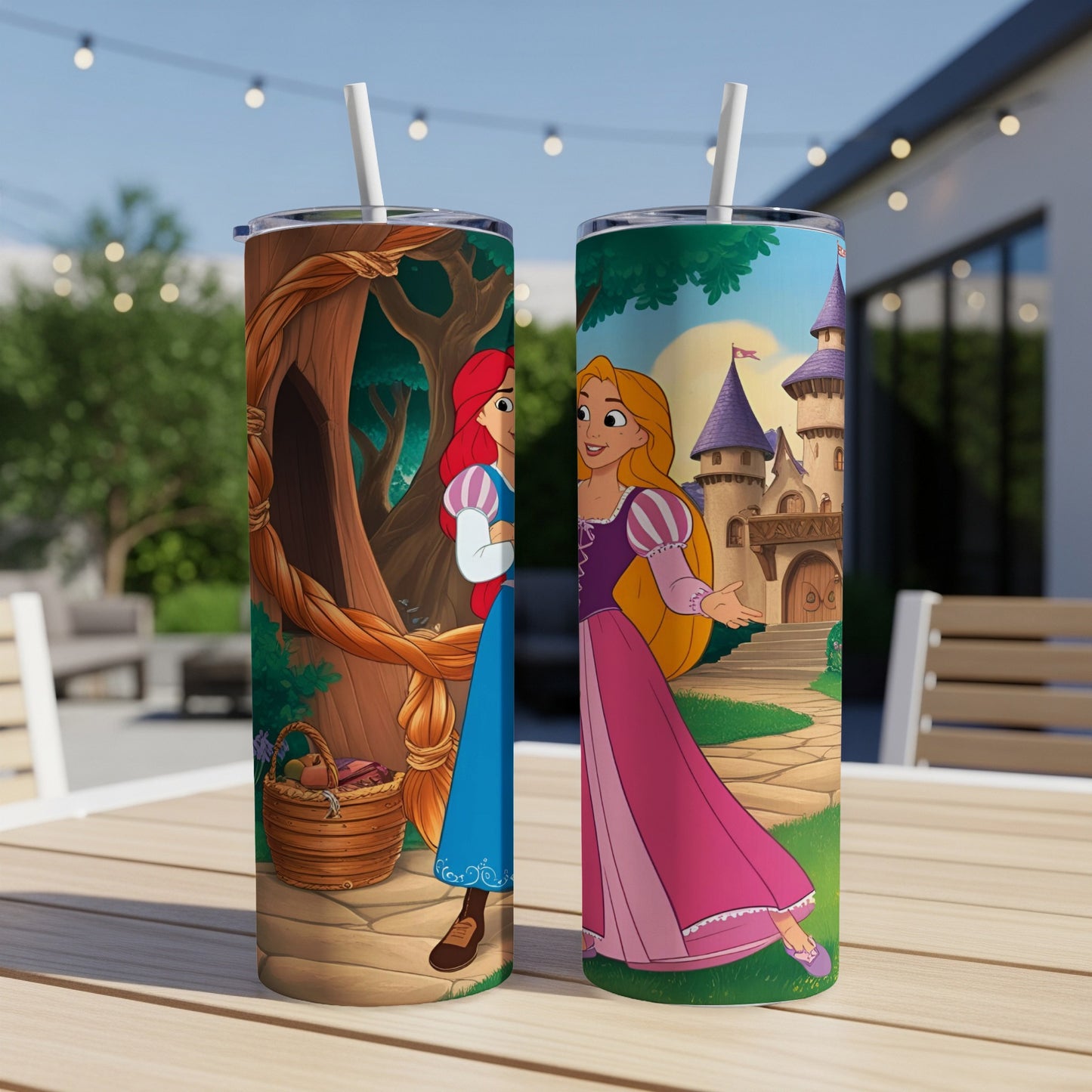 Disney Princess Ariel and Rapunzel on colorful tumblers.