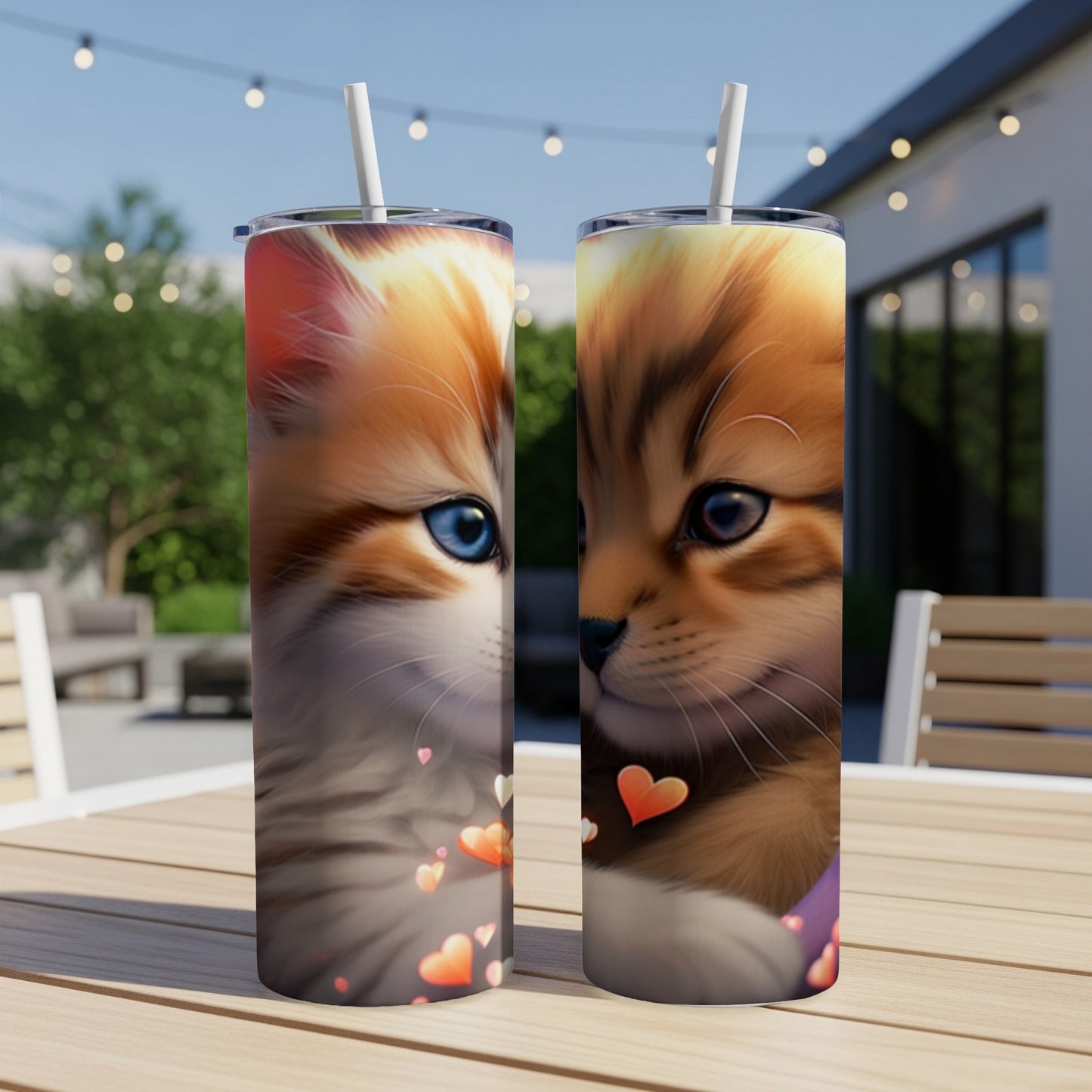 Two tumblers with kitten art and heart decorations, on a table outdoors.