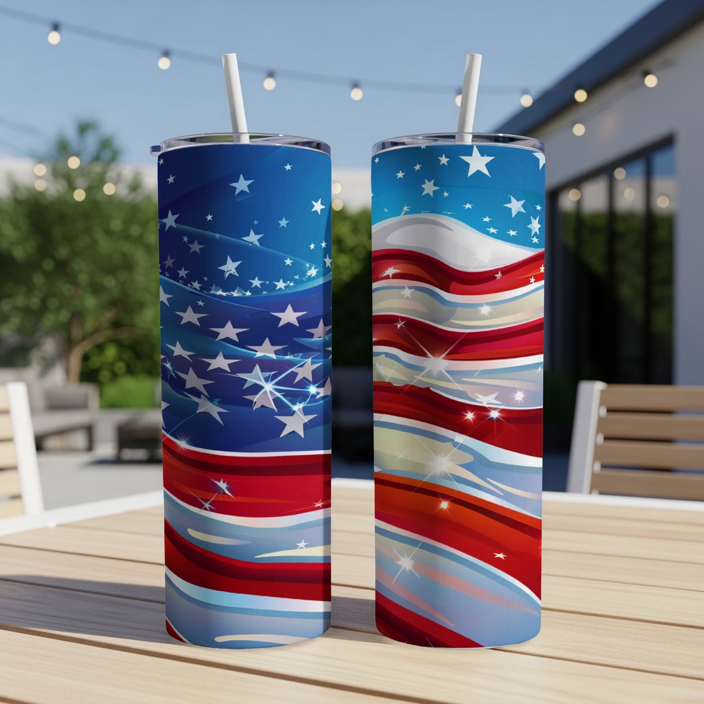 Two tumblers with patriotic American flag and star design.