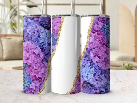 Three tumblers with purple and blue hydrangeas and a gold crackle design.