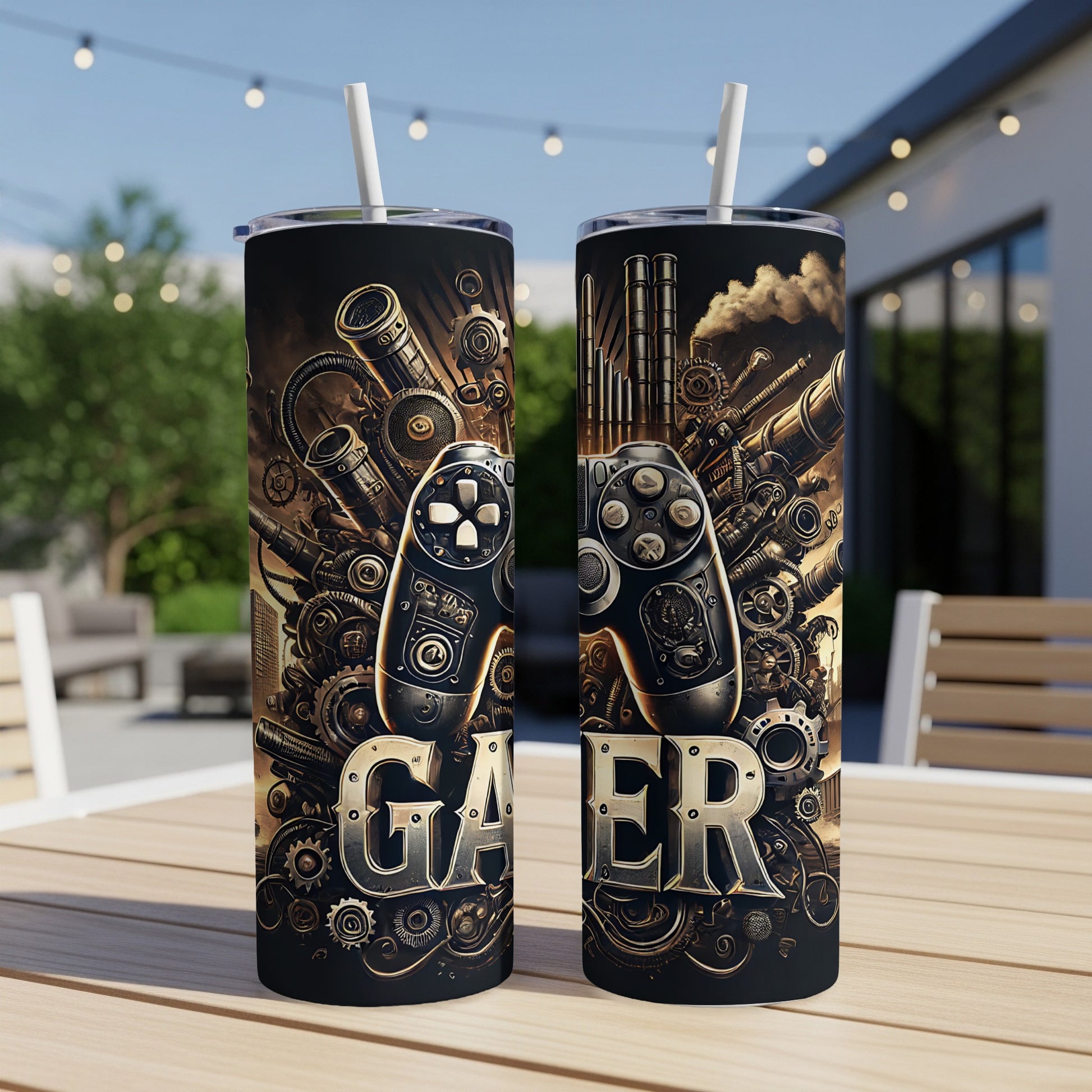 Two gaming-themed tumblers with a steampunk design on a wooden table.