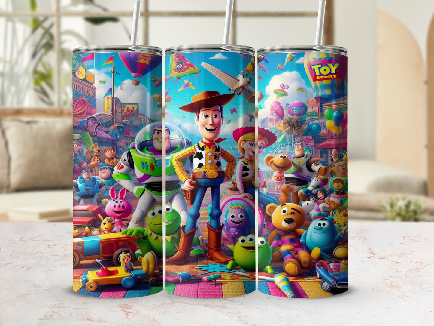 Toy Story characters including Woody, Buzz Lightyear, and aliens on a tumbler.
