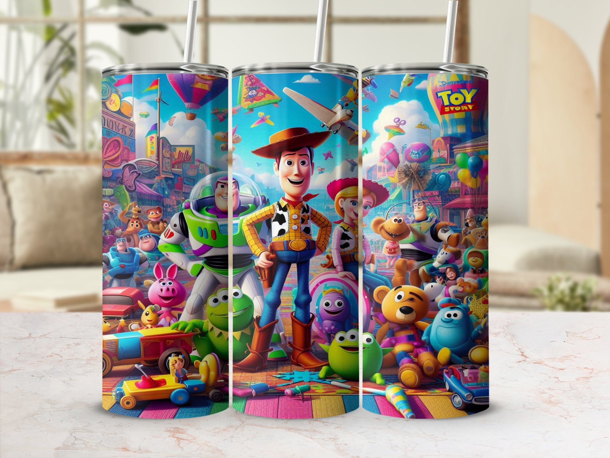 Toy Story characters including Woody, Buzz Lightyear, and aliens on a tumbler.