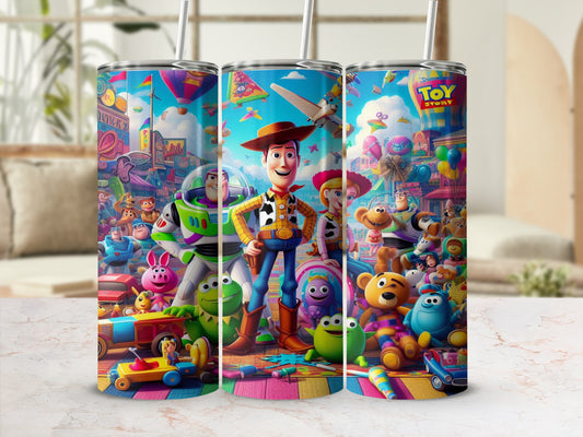 Toy Story characters including Woody, Buzz Lightyear, and aliens on a tumbler.