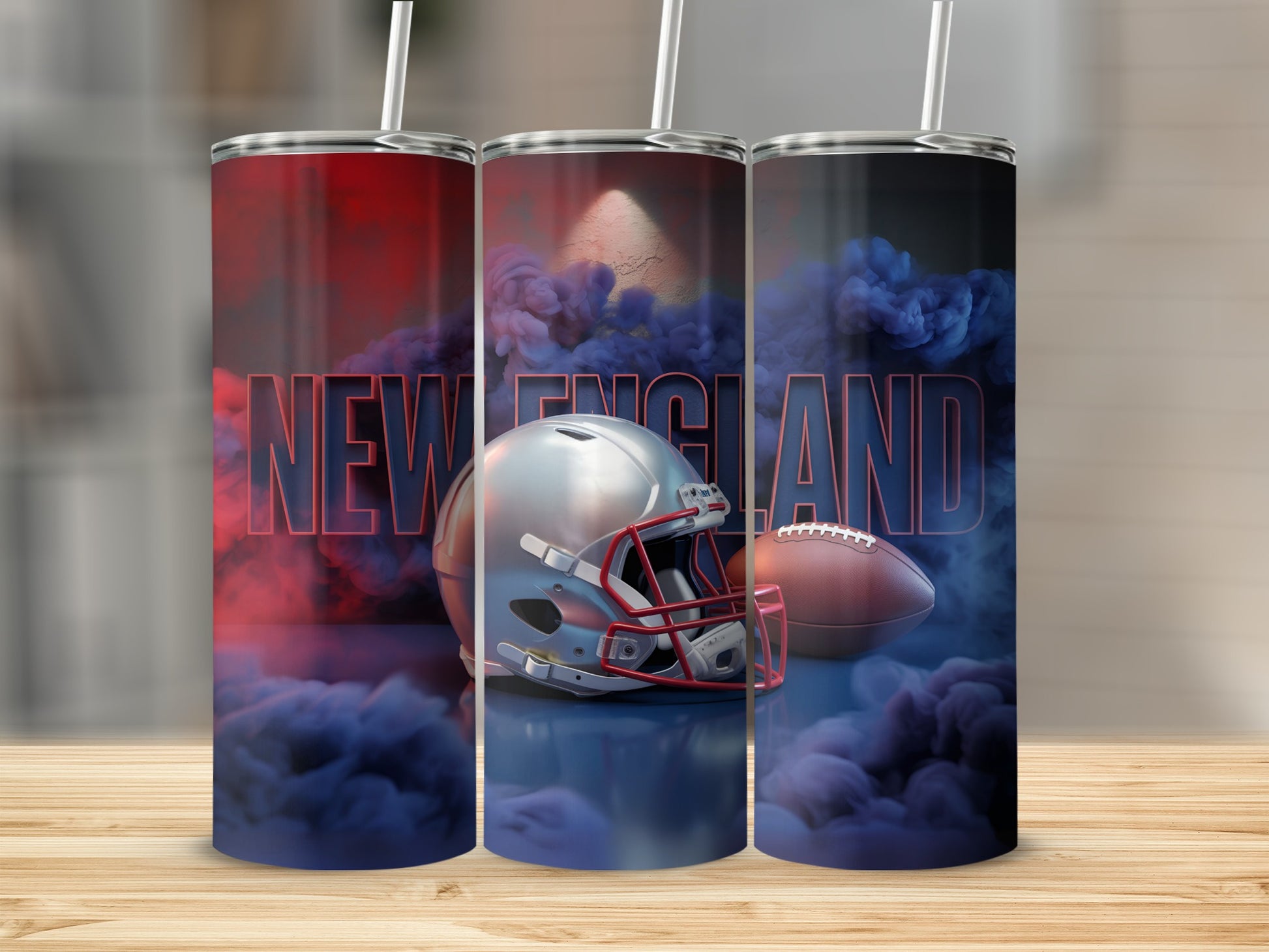 New England Patriots helmet and football with smoky red and blue background.