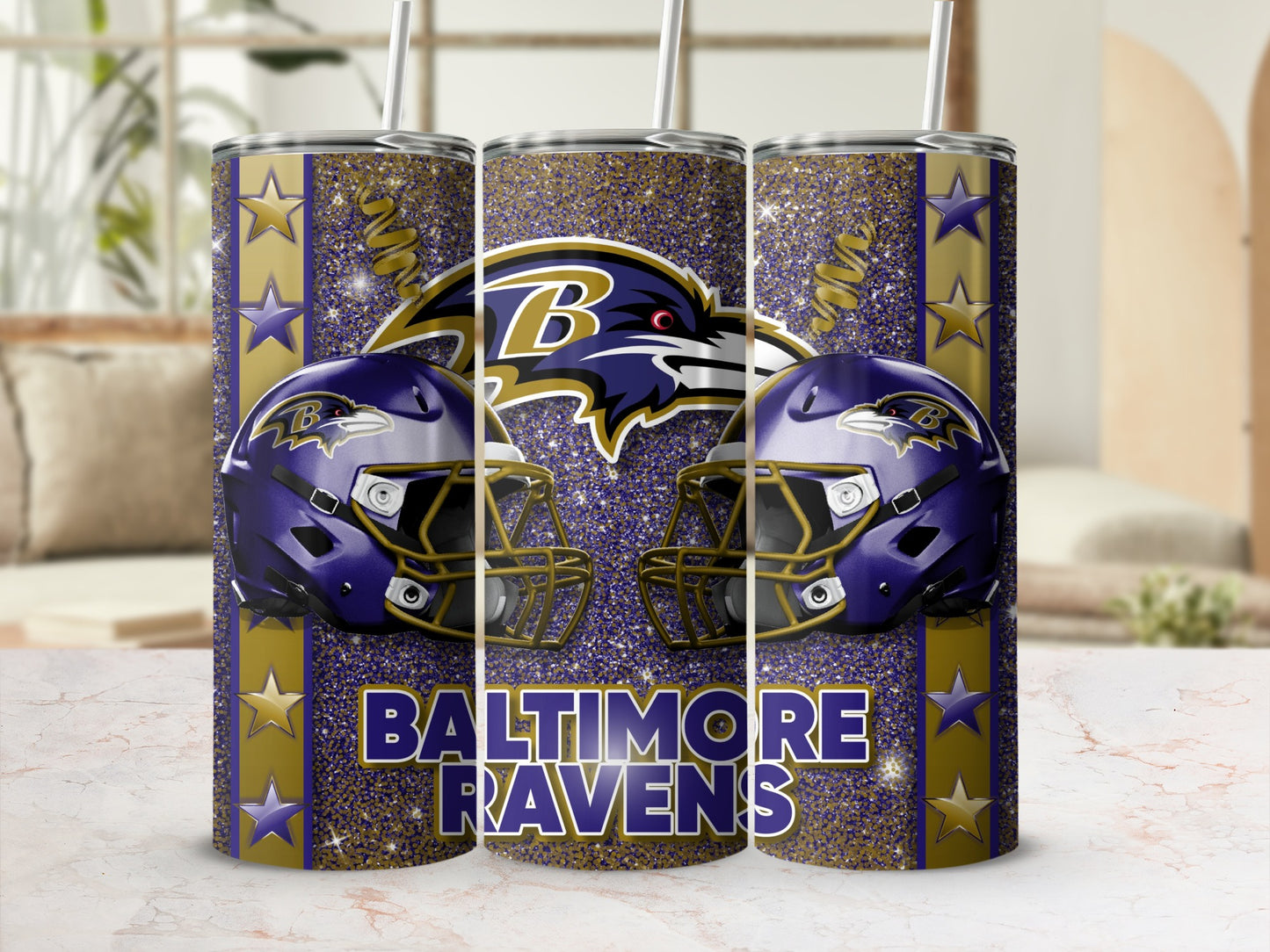 Baltimore Ravens Helmets Gold Glitter Patterned Tumblers