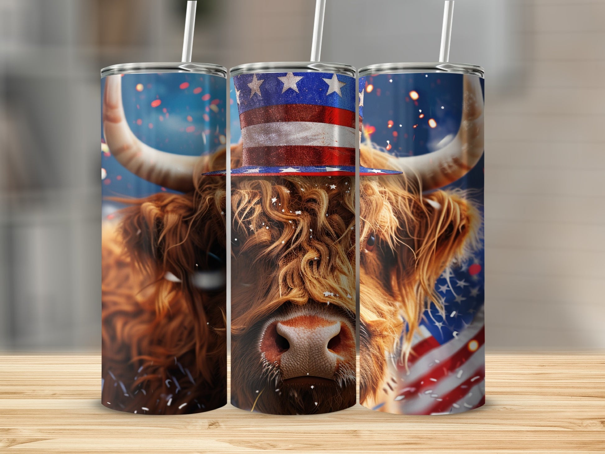 Highland cow wearing an American flag hat and scarf, with fireworks.