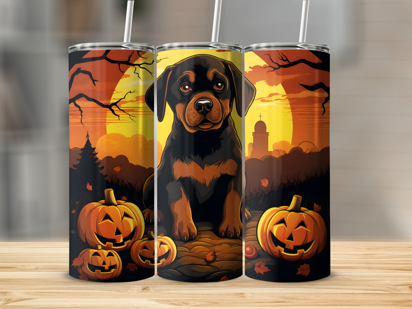 Halloween Rottweiler with pumpkins and spooky trees on a tumbler.