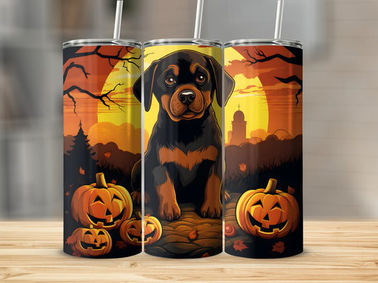 Halloween Rottweiler with pumpkins and spooky trees on a tumbler.