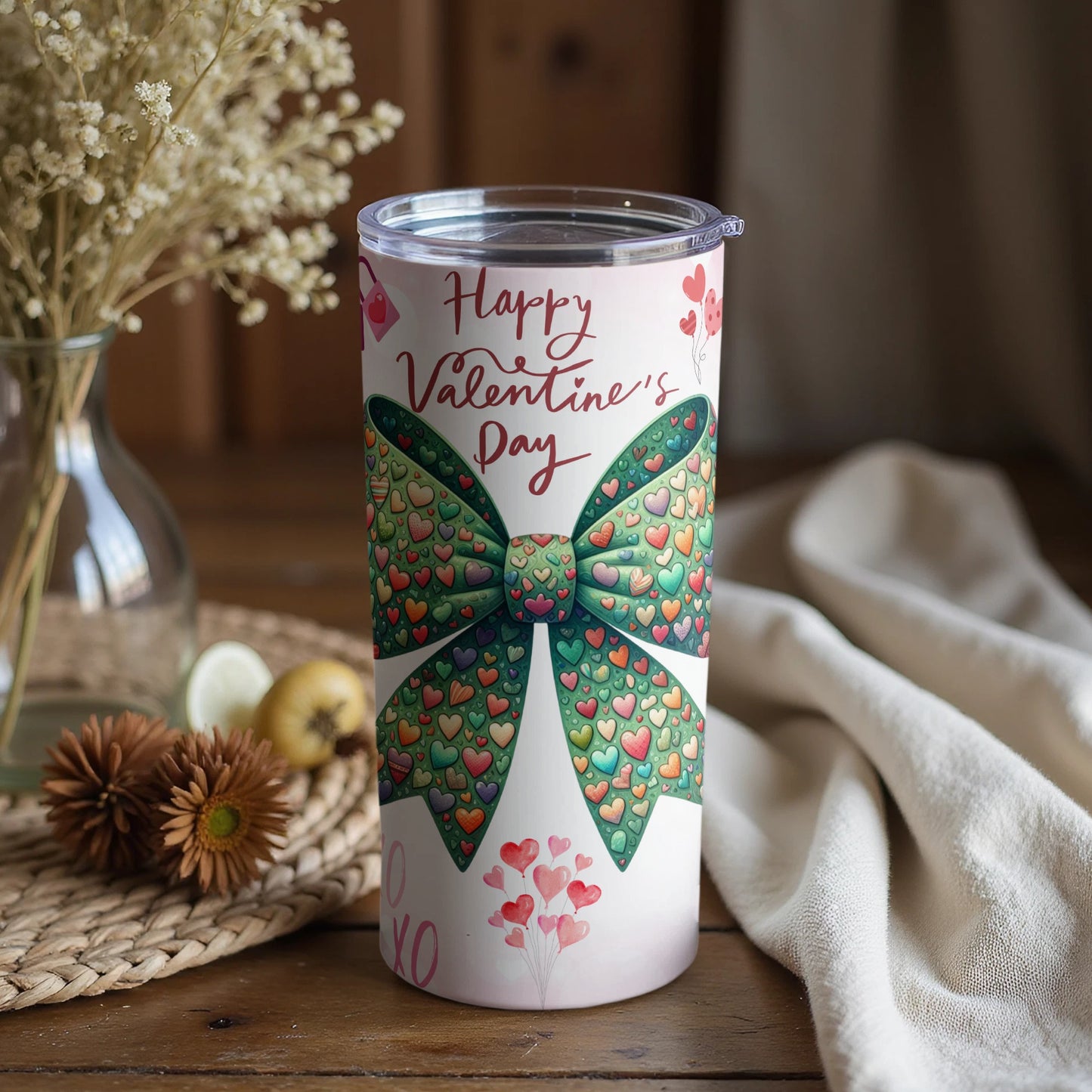 Happy Valentine's Day Tumbler with Heart Bow Design