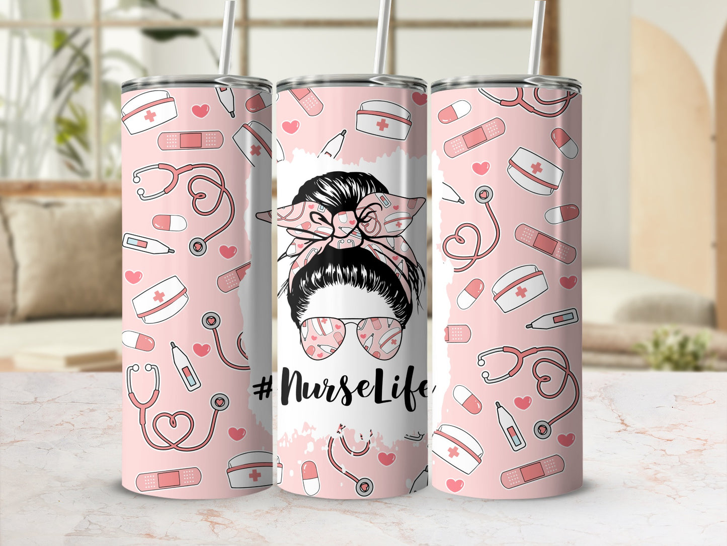 Pink tumbler with medical icons and "#NurseLife" text.