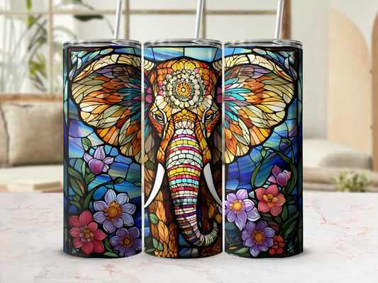 Elephant head with stained glass floral pattern on a tumbler.