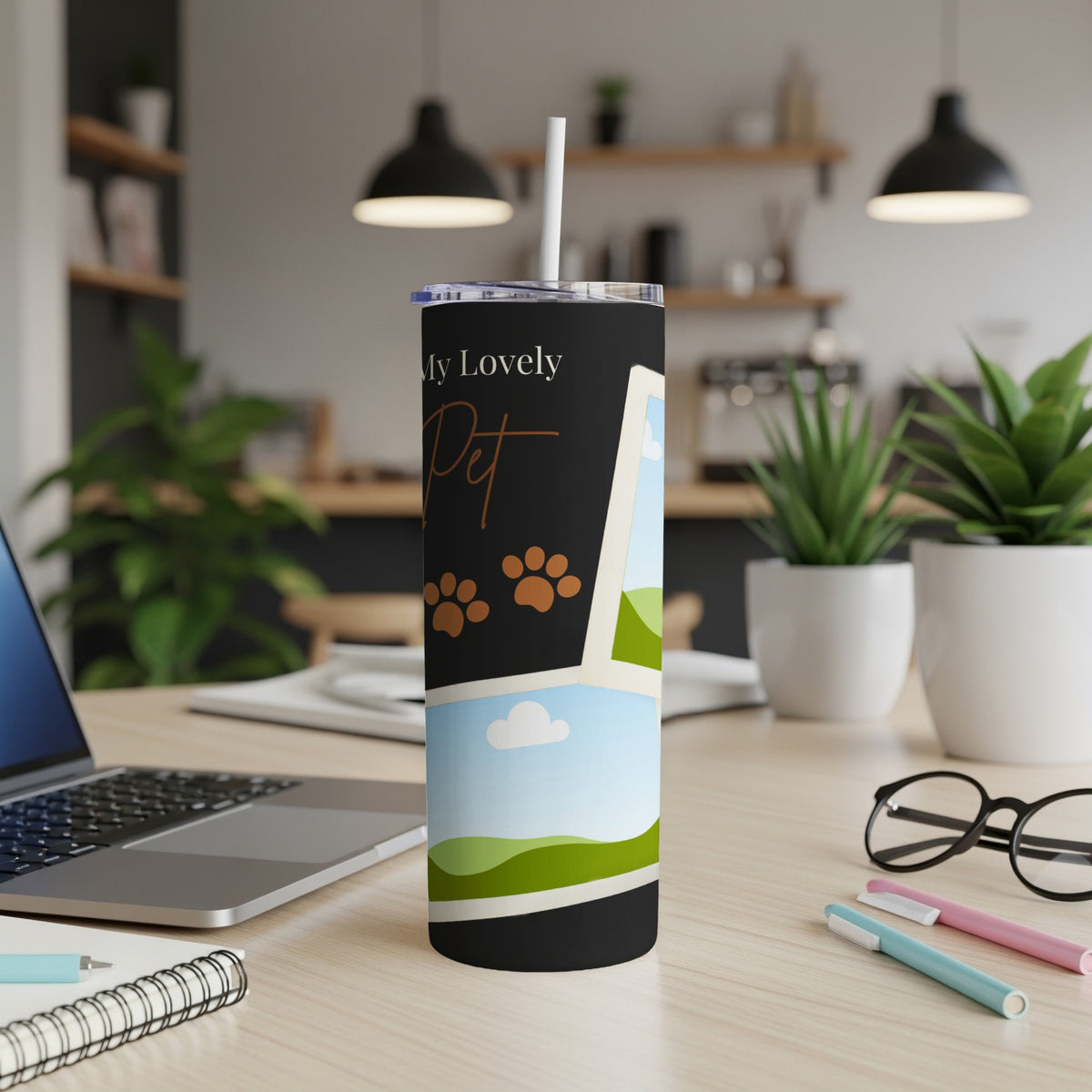 Black tumbler with "My Lovely Pet" text, paw prints, and landscape design.
