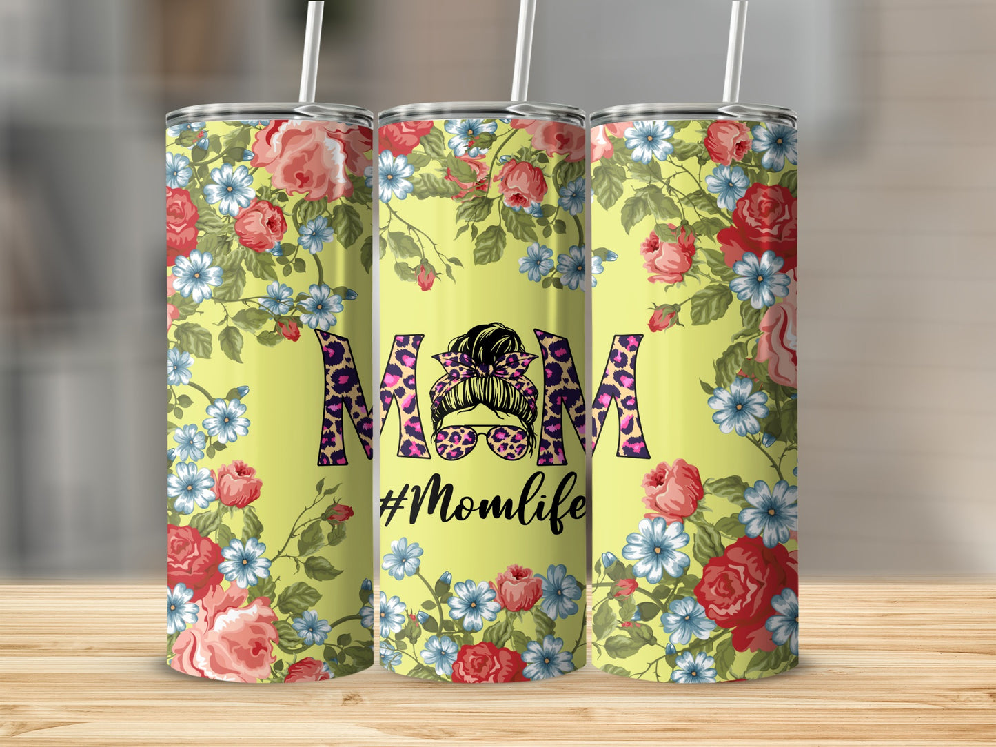 Momlife Floral Print Tumbler with Leopard Print MOM Design