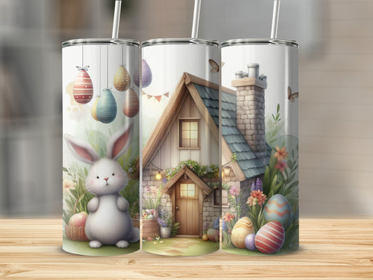 Easter bunny, colorful eggs, and a cottage illustration on three tumblers.