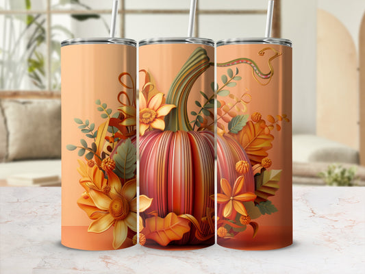 Pumpkin tumbler with fall leaves and flowers.