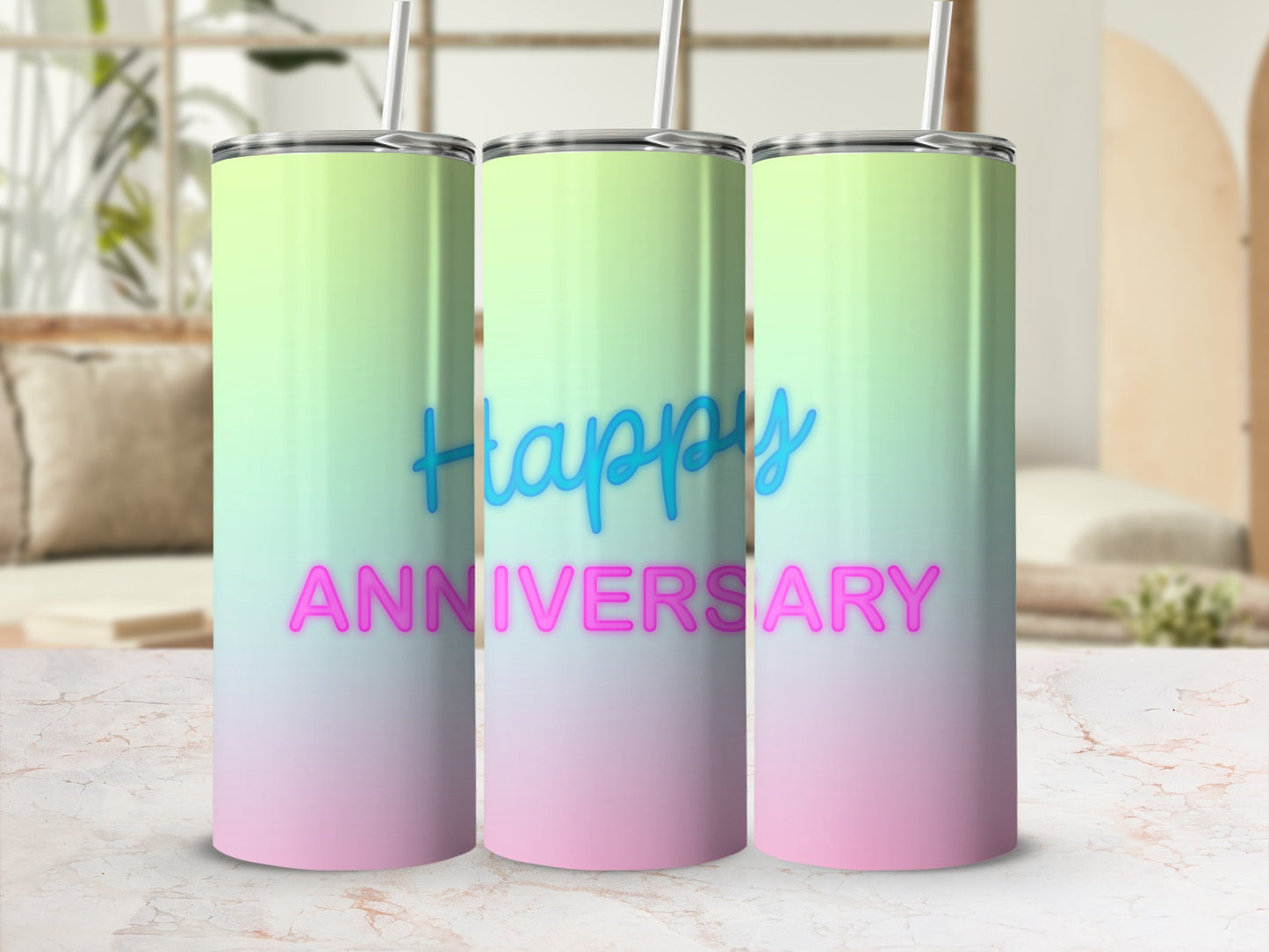 Gradient tumbler with "Happy Anniversary" text.