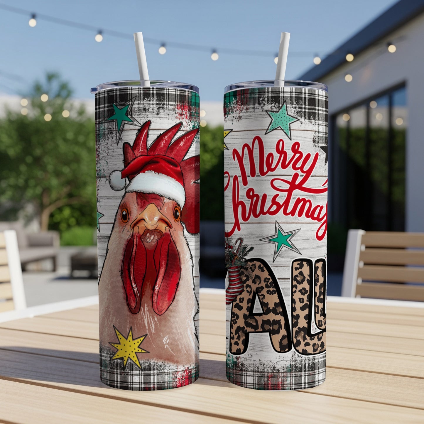 Christmas chicken tumbler with "Merry Christmas All" text.