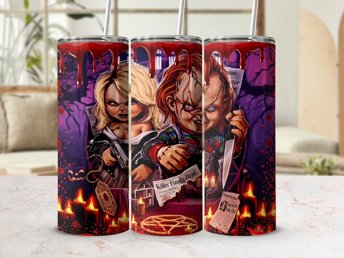 Chucky doll tumbler with newspaper headlines, candles, and blood splatters.