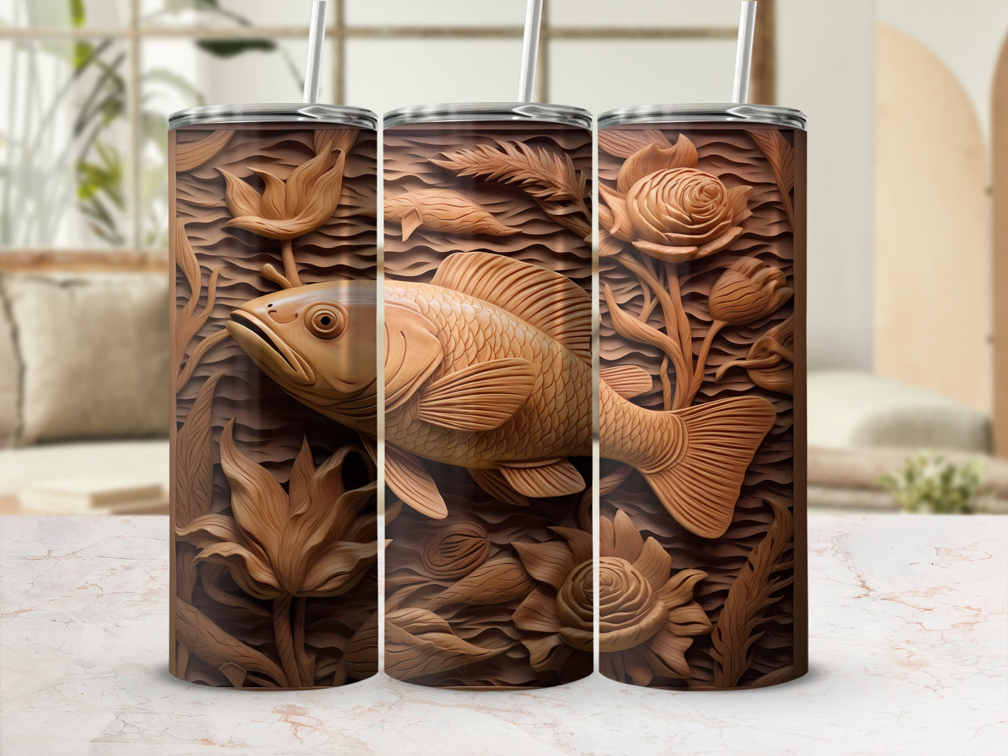 Three tumblers showing a carved wooden fish and floral design.
