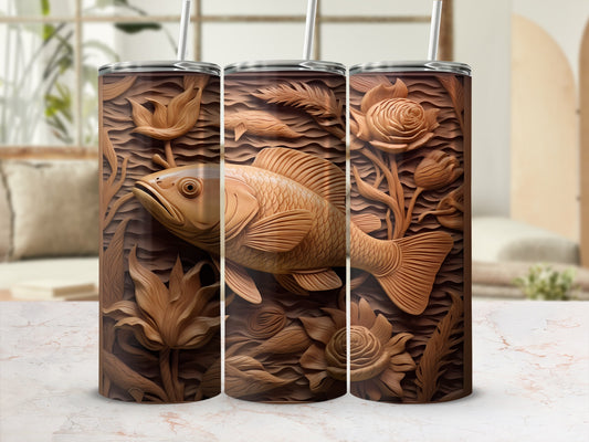 Three tumblers showing a carved wooden fish and floral design.